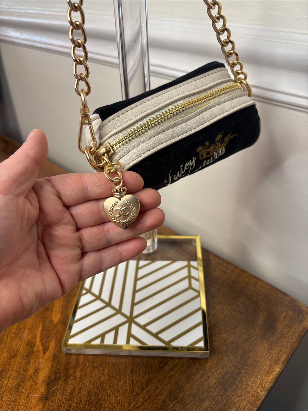 Juicy Couture Black Velvet Mini Bag with Gold Chain & Cream Trim - Picture 11 of 16